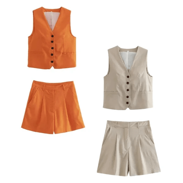 Conjunto Feminino em Alfaiataria - Colete e Shorts no Linho (Promoção Compre 1 Leve 2) Conjunto Feminino MRL-086 Miralleve Laranja + Bege P