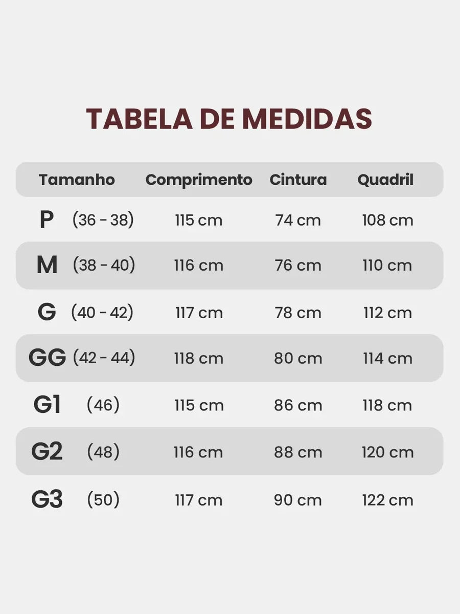Tabela de medidas da calça pantalona do P ao G3