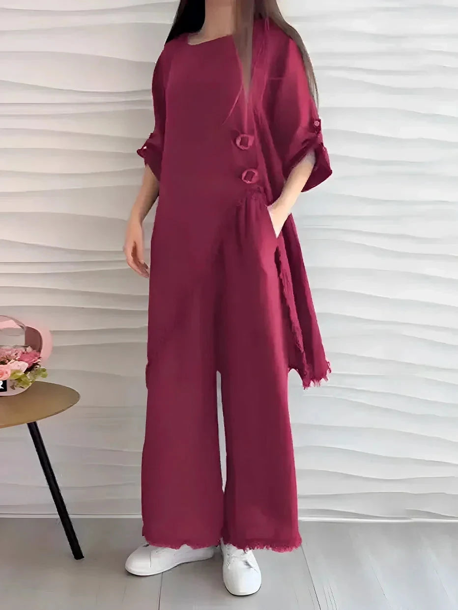 Conjunto Feminino de Gola Redonda Longo de Algodão e Linho (CONFORT V3) - Miranini Conjunto Feminino MRL-036 Miralleve Borgonha P 