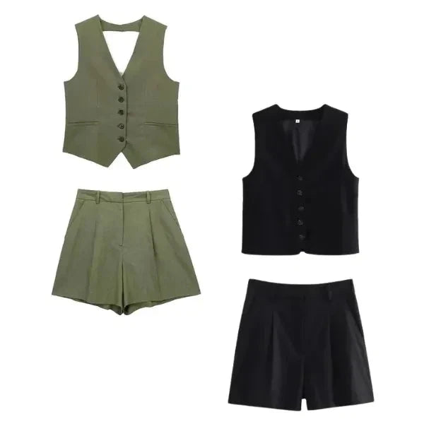 Conjunto Feminino em Alfaiataria - Colete e Shorts no Linho (Promoção Compre 1 Leve 2) Conjunto Feminino MRL-086 Miralleve Verde + Preto P 